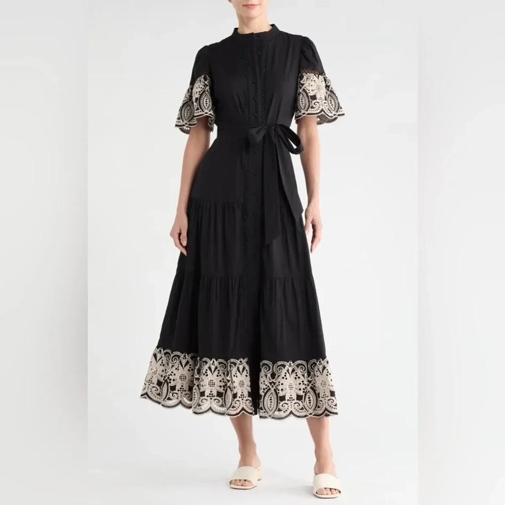Love By Design Southampton Embroidered Maxi Shirtdress in Black Size M